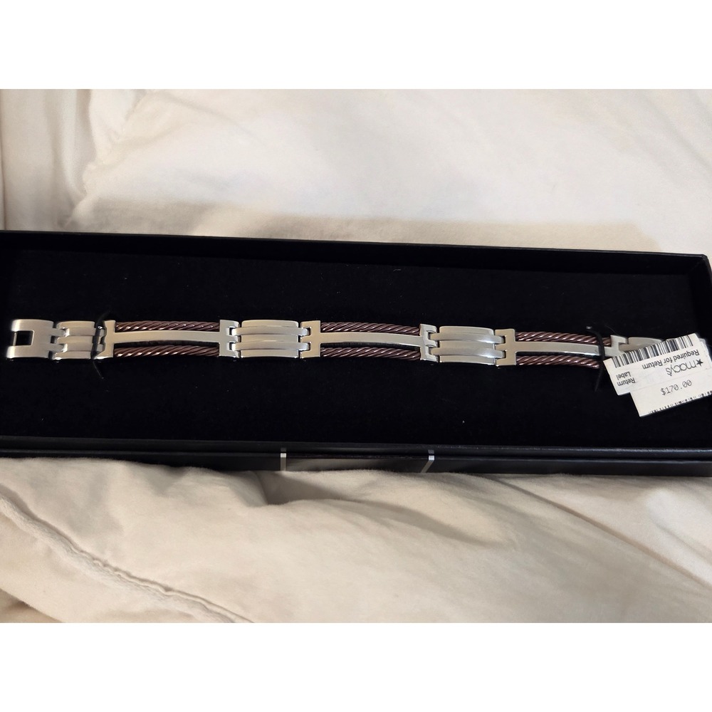Macy's Two Tone Link Bracelet 8.5" Men Silver Rose Gold Stainless Steel Cable - Picture 1 of 4